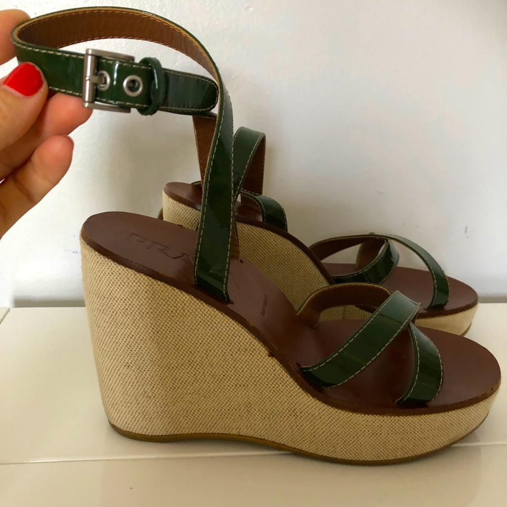 Vintage Prada green patent leather platform sandals.